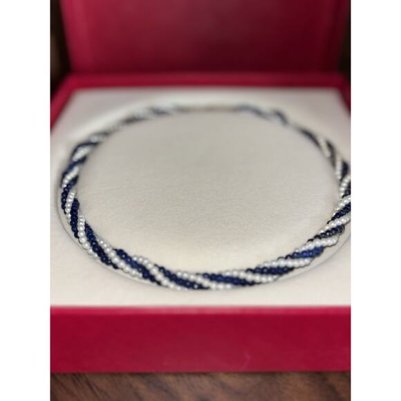 New Necklace Beaded Twisted French Rope Royal Blue And White - Picture 2 of 4